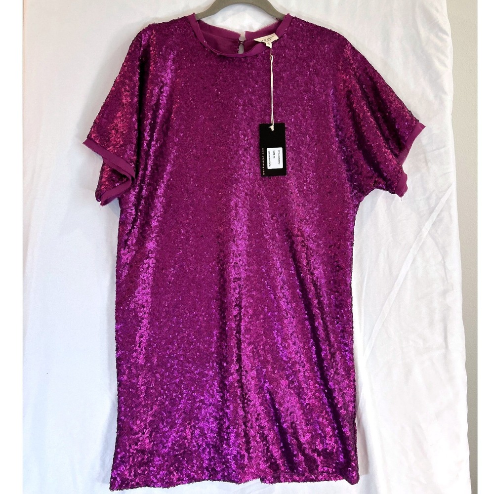143 Story by Line Up Magenta Sequin Mini Shift Dress Short Sleeve Medium Party